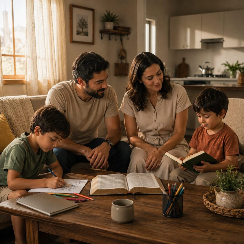Família reunida em harmonia no lar Uma família reunida na sala de uma casa simples e acolhedora, com paredes claras, mesa de madeira ao centro e luz suave entrando pela janela no fim da tarde. Um pai e uma mãe estão sentados lado a lado, com expressão serena e atenta, enquanto cuidam dos filhos com ternura, um filho pequeno ao lado segurando um livro aberto e outro desenhando sobre a mesa. Há uma Bíblia aberta sobre a mesa, uma chaleira ao fundo na cozinha e quadros discretos nas paredes, transmitindo ordem, paz e responsabilidade. A cena comunica provisão, presença e amor no lar, com clima de reverência e harmonia.