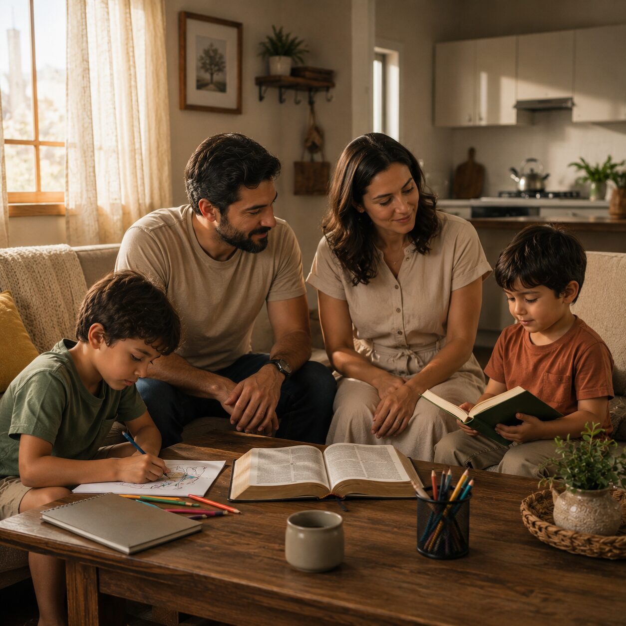 Uma família reunida na sala de uma casa simples e acolhedora, com paredes claras, mesa de madeira ao centro e luz suave entrando pela janela no fim da tarde. Um pai e uma mãe estão sentados lado a lado, com expressão serena e atenta, enquanto cuidam dos filhos com ternura, um filho pequeno ao lado segurando um livro aberto e outro desenhando sobre a mesa. Há uma Bíblia aberta sobre a mesa, uma chaleira ao fundo na cozinha e quadros discretos nas paredes, transmitindo ordem, paz e responsabilidade. A cena comunica provisão, presença e amor no lar, com clima de reverência e harmonia.