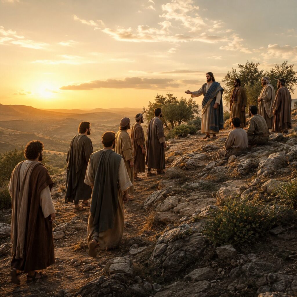 Jesus chama os doze em um monte ao amanhecer Jesus em um monte tranquilo ao amanhecer, vestindo túnica simples em tom bege e manto azul, chama doze homens a se aproximarem. Os discípulos usam roupas judaicas modestas, com mantos em tons terrosos, expressões de reverência e expectativa. Alguns sobem a encosta com passos atentos, outros já estão reunidos ao redor dele. Ao fundo, o céu dourado ilumina colinas suaves, oliveiras e pedras antigas, criando uma atmosfera de chamado, intimidade e propósito espiritual. A cena transmite autoridade serena e comunhão profunda, sem dramatização excessiva.