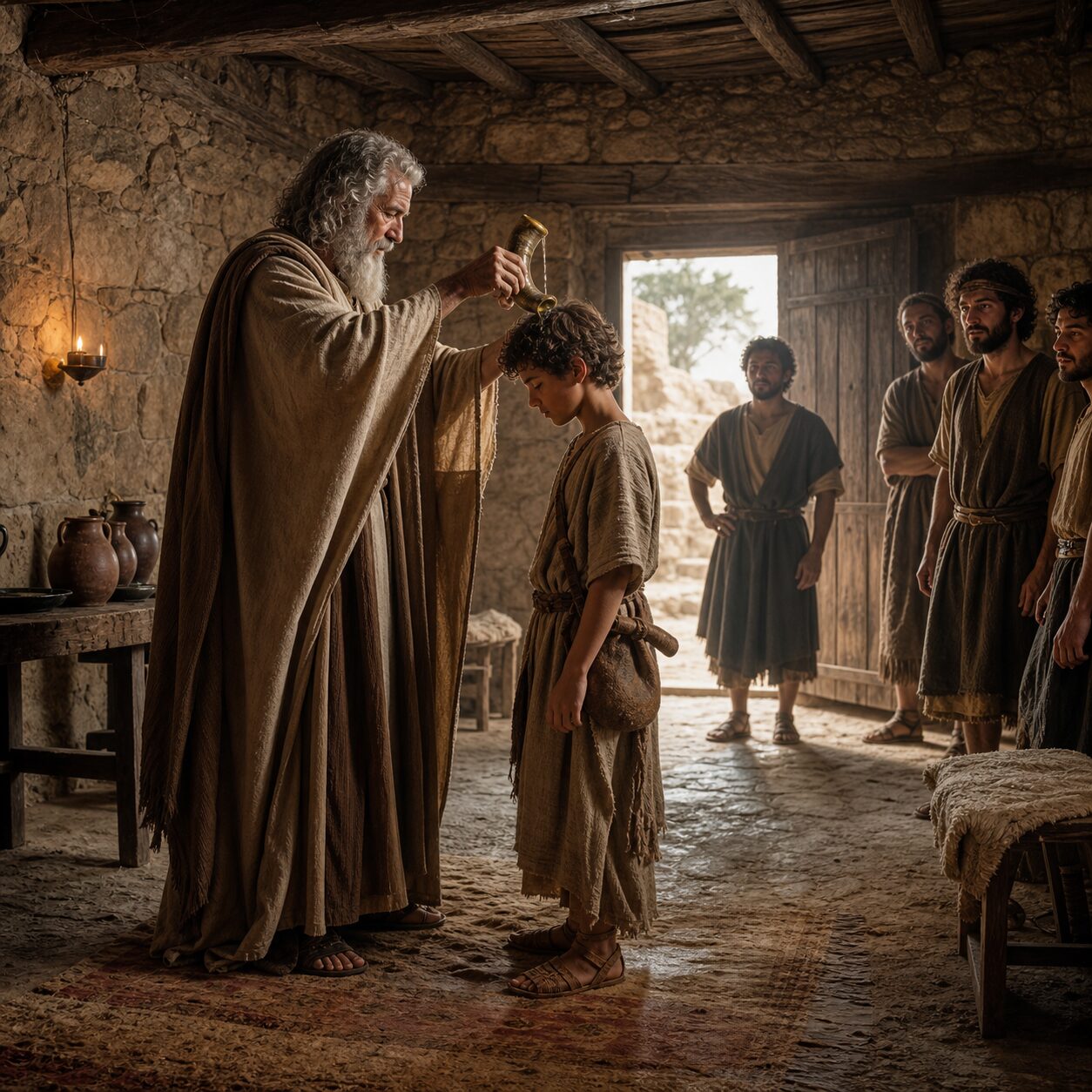 A Unção de Davi na Casa de Jessé Cena bíblica no interior simples da casa de Jessé em Belém, com paredes de pedra, lamparinas suaves e luz dourada entrando pela porta. Samuel, um profeta idoso com túnica de linho bege e manto sóbrio, segura um chifre de azeite com expressão reverente. Davi, ainda jovem, veste roupas rústicas de pastor, com sandálias gastas e traços de quem veio do campo; ele está de pé diante de Samuel, humilde e sereno, enquanto seus irmãos observam ao fundo com expressões de surpresa. A cena destaca o momento da unção, com um clima de escolha divina, simplicidade e presença de Deus, em um ambiente antigo, calmo e solene.