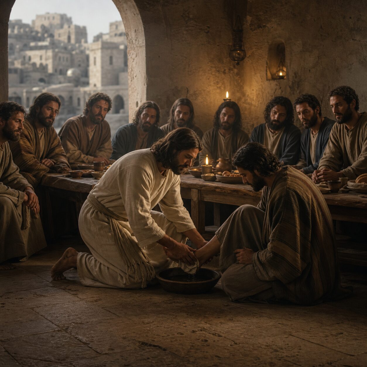 Jesus está sentado à mesa da última ceia em uma sala ampla de paredes de pedra, iluminada por lâmpadas suaves e pela luz quente de velas. Ele veste uma túnica simples clara e uma faixa de tecido, com expressão serena e humilde, enquanto lava os pés de um discípulo ajoelhado diante dele. Os outros discípulos observam em silêncio, com rostos emocionados e atentos, usando vestes longas em tons terrosos e azuis. Sobre a mesa há pães, taças e uma jarra de água, e ao fundo vê-se uma arquitetura antiga de Jerusalém. A cena transmite serviço, amor sacrificial e reverência.