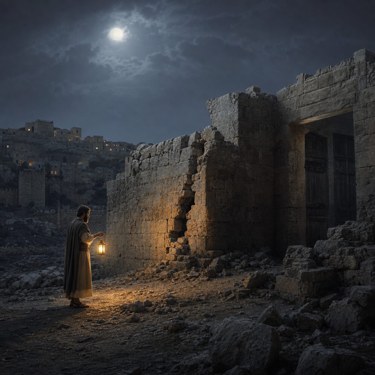 Neemias entre as ruínas de Jerusalém Noite em Jerusalém antiga, com muros de pedra quebrados e portões queimados ao fundo. Neemias aparece caminhando em silêncio entre as ruínas, com túnica simples e manto escuro, segurando uma lanterna de óleo. Seu rosto expressa oração, prudência e determinação enquanto ele observa atentamente as rachaduras dos muros. Ao longe, algumas casas de pedra estão em penumbra, e a lua ilumina parte da cidade, criando uma atmosfera de reconstrução, esperança e chamada divina para restaurar o que foi destruído.