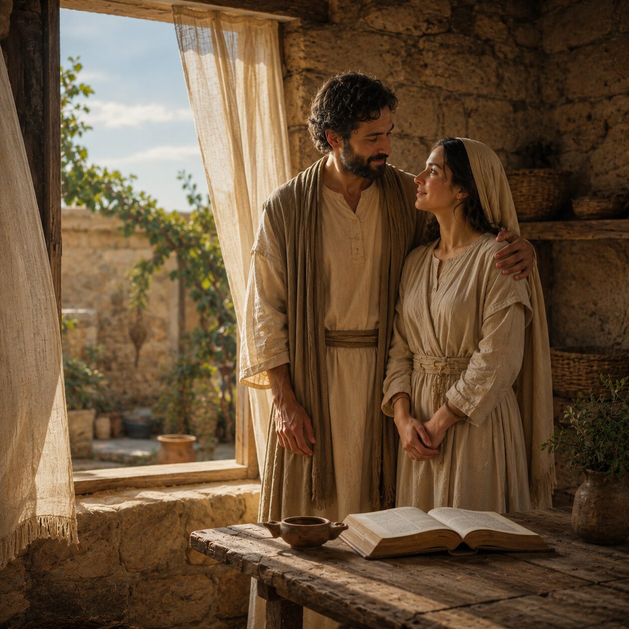 Casal cristão em lar sereno Um casal cristão em uma casa simples e acolhedora, em uma sala iluminada pela luz suave da manhã. O marido está ao lado da esposa com expressão serena e protetora, vestindo túnica clara e manto discreto, com uma mão sobre o ombro dela em gesto de cuidado. A esposa, com vestido modesto em tons suaves, olha para ele com respeito e confiança, enquanto os dois estão próximos de uma mesa de madeira com uma Bíblia aberta e uma lamparina apagada ao lado. Ao fundo, uma parede de pedra, cortinas leves e uma janela aberta mostram um pátio tranquilo com plantas e céu claro, simbolizando paz, aliança e presença de Deus no lar.