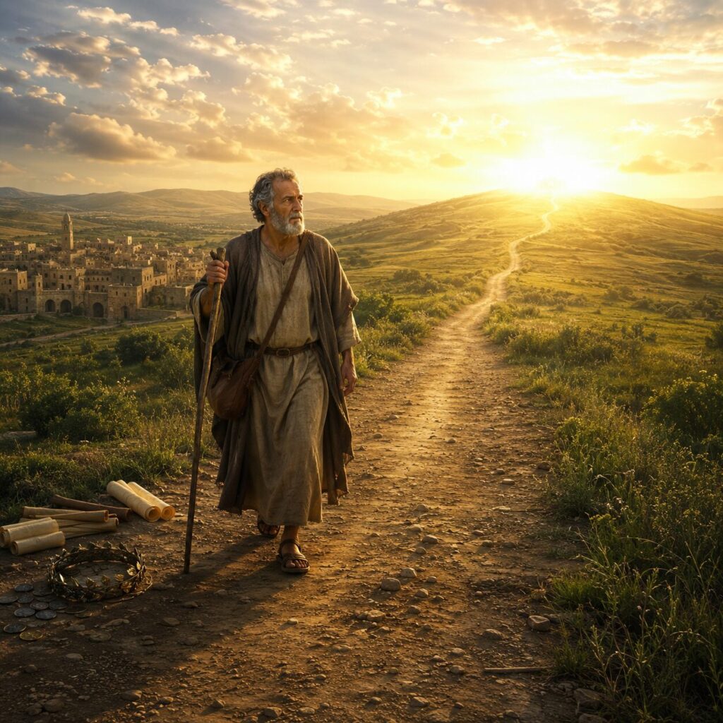 Um homem idoso com traços de apóstolo, vestindo túnica simples e manto de viagem, caminha decidido por uma estrada de terra que sobe em direção a uma colina iluminada pelo nascer do sol. Ele carrega apenas um cajado e uma pequena bolsa, enquanto ao fundo ficam uma cidade antiga, rolos de pergaminho, moedas espalhadas e uma coroa de louros deixadas para trás, simbolizando renúncia. Seu rosto expressa serenidade e determinação, com os olhos fixos à frente, como alguém que deixou tudo por um chamado maior. À distância, no alto da colina, uma luz intensa e suave sugere a presença de Cristo, guiando o caminho. A paisagem tem campos verdes, céu dourado e nuvens abertas, transmitindo esperança, propósito e avanço espiritual.