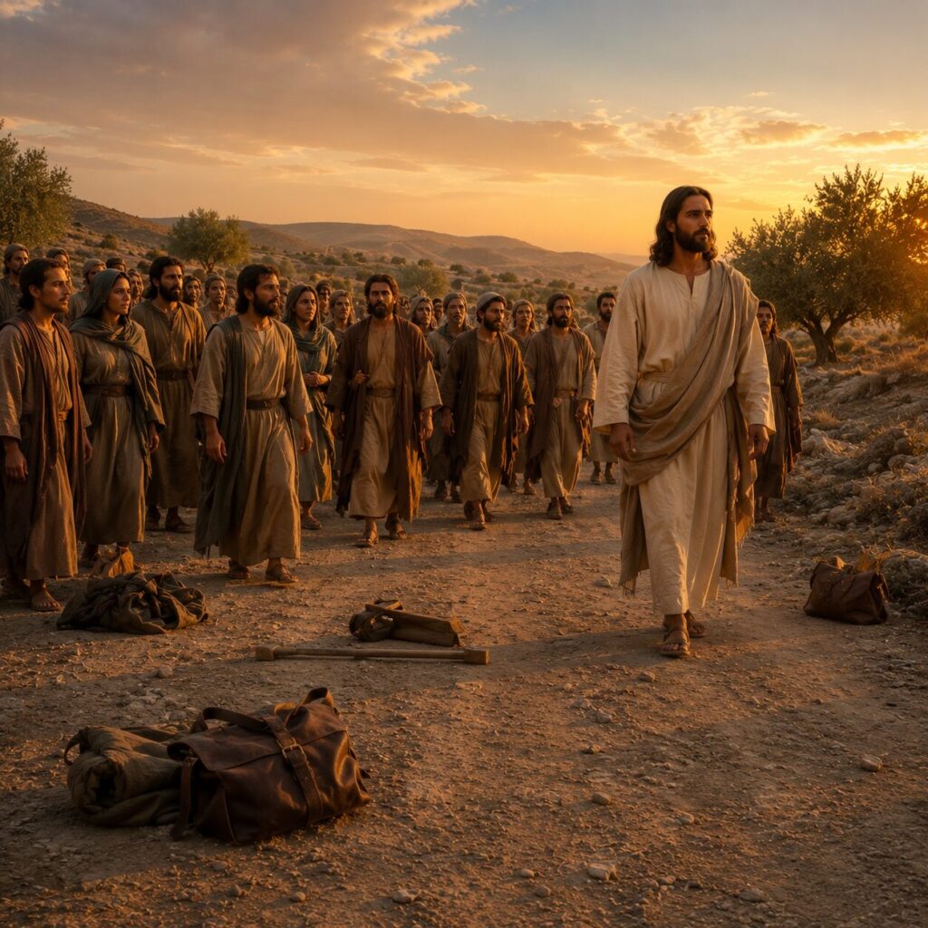 Chamado ao discipulado verdadeiro Uma cena bíblica em uma estrada de terra ao entardecer, com Jesus à frente de uma multidão que o observa com atenção e seriedade. Ele veste túnica simples em tons claros e manto, com expressão firme e compassiva, enquanto alguns homens e mulheres ao redor parecem em decisão, deixando para trás bolsas, ferramentas e mantos dobrados como sinal de renúncia. Ao fundo há colinas suaves, oliveiras e um céu dourado, transmitindo a ideia de uma jornada custosa, mas guiada por propósito. A composição destaca o contraste entre a hesitação de alguns e a determinação serena de Jesus, simbolizando o chamado ao discipulado verdadeiro.
