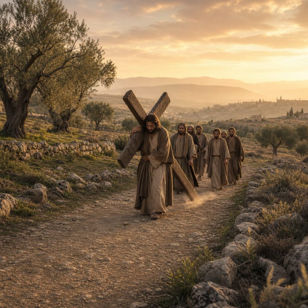 Caminho de sofrimento ao amanhecer Uma estrada estreita de terra ao amanhecer, com montes suaves ao fundo e céu dourado. No centro, um homem de roupas simples da época bíblica, túnica bege e manto gasto, carrega uma cruz de madeira sobre os ombros e caminha com expressão cansada e de sofrimento, a cruz é grande e a parte inferior é arrastada no chão. Atrás dele, outros discípulos o seguem em silêncio, vestidos com túnicas em tons neutros, alguns olhando para frente com reverência, outros com semblante de reflexão. À margem da estrada há pedras, arbustos e oliveiras, enquanto a luz suave destaca o contraste entre a renúncia do caminho e a esperança que o conduz adiante.