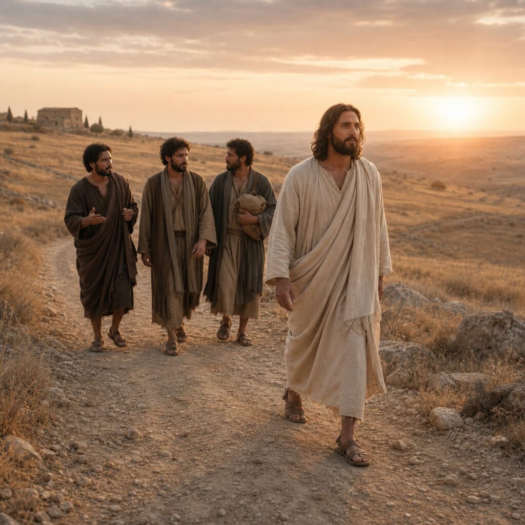 Estrada de terra ao entardecer, com Jesus caminhando à frente em vestes simples de tecido claro, postura serena e firme, olhando para a frente. Atrás dele há três homens em trajes judaicos da época, com túnicas, mantos e sandálias, cada um em atitude de hesitação: um estende a mão como quem pede tempo, outro olha para o lado com expressão preocupada, e o terceiro segura um pequeno saco de viagem enquanto lança um olhar de despedida para uma casa ao fundo. A paisagem mostra campos secos, algumas pedras, céu dourado e um ar de decisão e chamado, simbolizando a escolha de seguir a Cristo com prioridade e sem voltar atrás.
