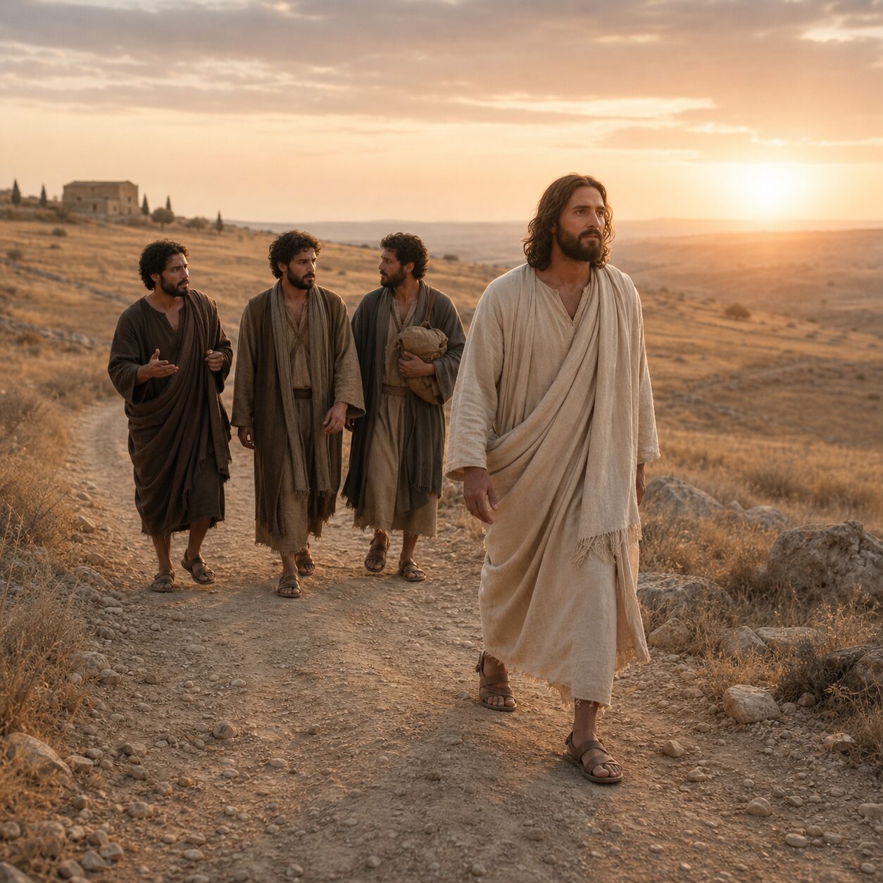 Chamado para seguir a Cristo Estrada de terra ao entardecer, com Jesus caminhando à frente em vestes simples de tecido claro, postura serena e firme, olhando para a frente. Atrás dele há três homens em trajes judaicos da época, com túnicas, mantos e sandálias, cada um em atitude de hesitação: um estende a mão como quem pede tempo, outro olha para o lado com expressão preocupada, e o terceiro segura um pequeno saco de viagem enquanto lança um olhar de despedida para uma casa ao fundo. A paisagem mostra campos secos, algumas pedras, céu dourado e um ar de decisão e chamado, simbolizando a escolha de seguir a Cristo com prioridade e sem voltar atrás.