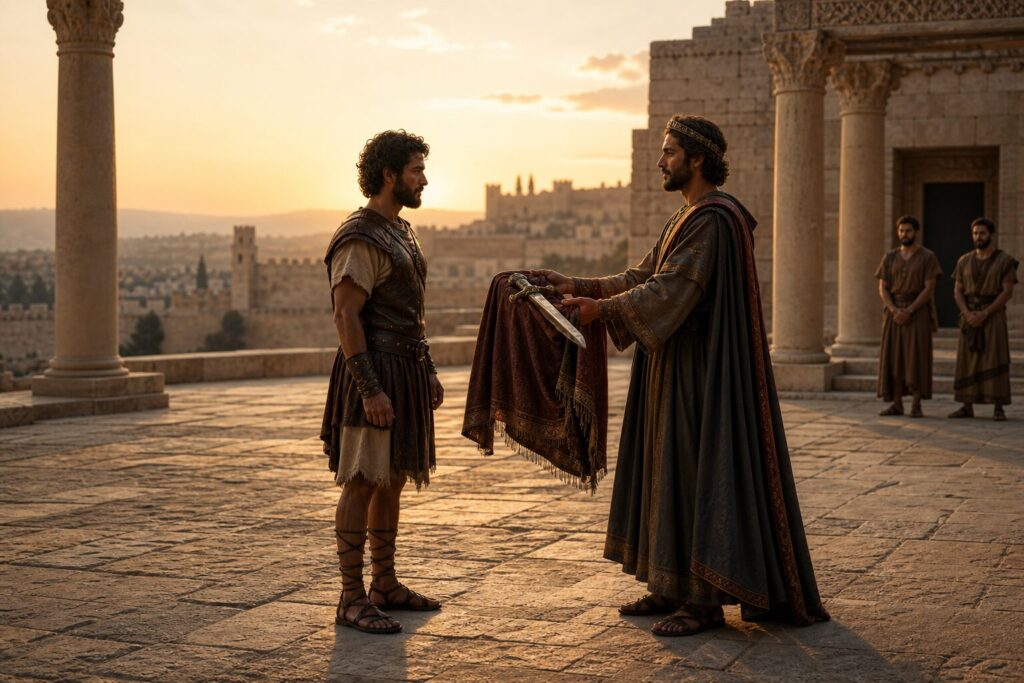 Davi e Jônatas estão diante do palácio real em Israel, em um pátio de pedra com colunas simples e ao fundo o sol do entardecer iluminando Jerusalém antiga. Davi aparece com roupas de guerreiro vitorioso, mas sem ostentação, com expressão humilde e serena. Jônatas, vestido com mantos nobres e detalhes reais, tem o rosto emocionado e acolhedor, enquanto entrega seu manto e sua espada a Davi em sinal de aliança e honra. Ao redor, há poucos servos observando à distância com reverência. A cena transmite lealdade, confiança e submissão ao propósito de Deus, com atmosfera solene e pacífica.