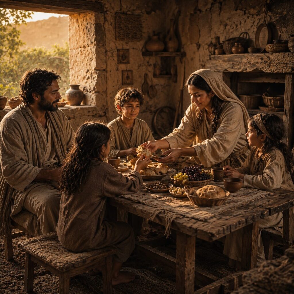 Uma família bíblica reunida ao redor de uma mesa simples de madeira em uma casa antiga de pedra, com luz suave entrando pela janela ao entardecer. O pai usa túnica de linho em tons neutros e observa os filhos com expressão serena, enquanto a mãe, vestida com manto discreto e véu leve, distribui pão e frutos com carinho. Duas ou três crianças sentam-se próximas, em postura de atenção e alegria tranquila. Ao fundo, paredes de barro, utensílios de cozinha rústicos e um ambiente de lar acolhedor transmitem paz, comunhão e reverência a Deus.