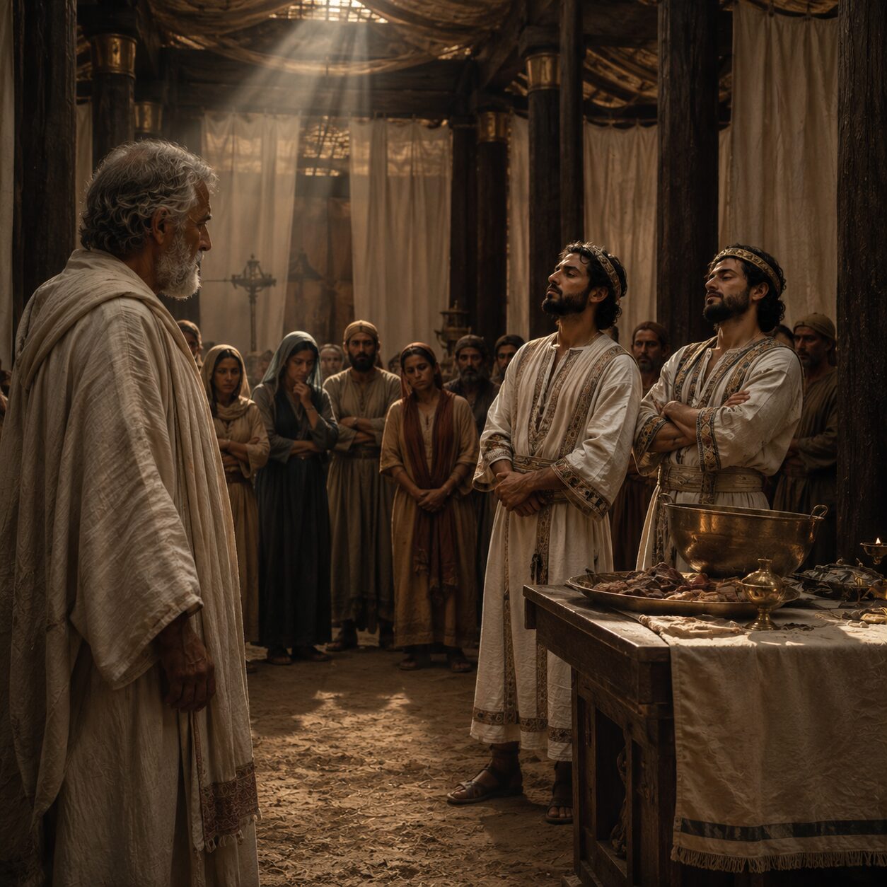 Interior do tabernáculo em Siló, com colunas de madeira escura, tecidos de linho e utensílios sagrados ao fundo. Um sacerdote idoso, com roupas simples de linho e expressão pesada de preocupação, está de pé diante de dois filhos adultos vestidos como levitas, mas com semblante arrogante e indiferente. Perto deles, uma mesa com ofertas e uma panela de bronze simboliza a corrupção do culto, enquanto ao lado uma pequena multidão de israelitas observa com tristeza e desapontamento. A luz entra suave por uma abertura superior, destacando o contraste entre o ambiente santo e a tensão moral da cena.