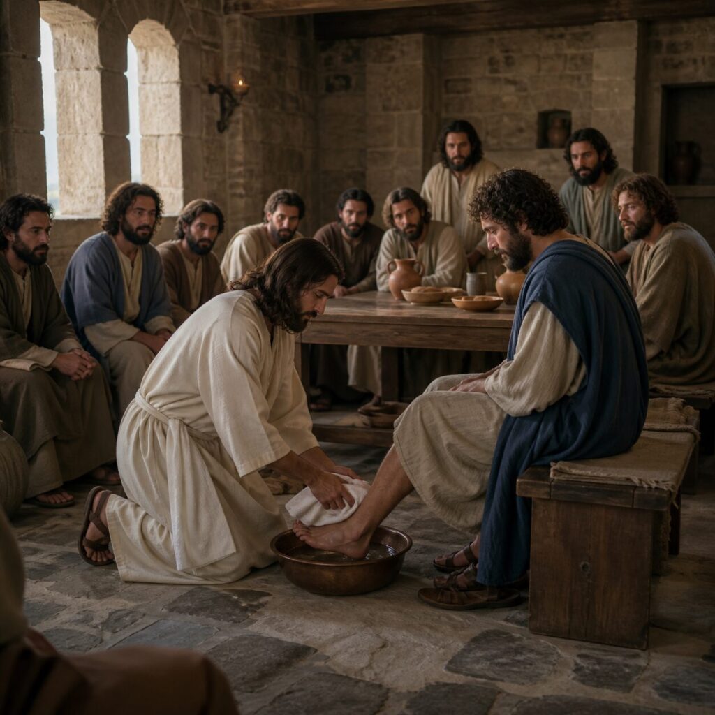 Jesus lava os pés dos discípulos no cenáculo Cena bíblica em um cenáculo simples, com luz suave entrando por janelas altas de pedra. Jesus está ajoelhado diante de um discípulo, segurando uma bacia de água e enxugando seus pés com uma toalha branca presa à cintura, com expressão serena e humilde. Ao redor, os outros discípulos observam em silêncio, alguns surpresos, outros emocionados, sentados em bancos baixos próximos a uma mesa de madeira com pães e jarros. As vestes são tunicas longas em tons terrosos, azuis e bege, com sandálias gastas. O ambiente transmite reverência, serviço e contraste entre autoridade espiritual e humildade, com paredes antigas, chão de pedra e uma atmosfera intimista e solene.