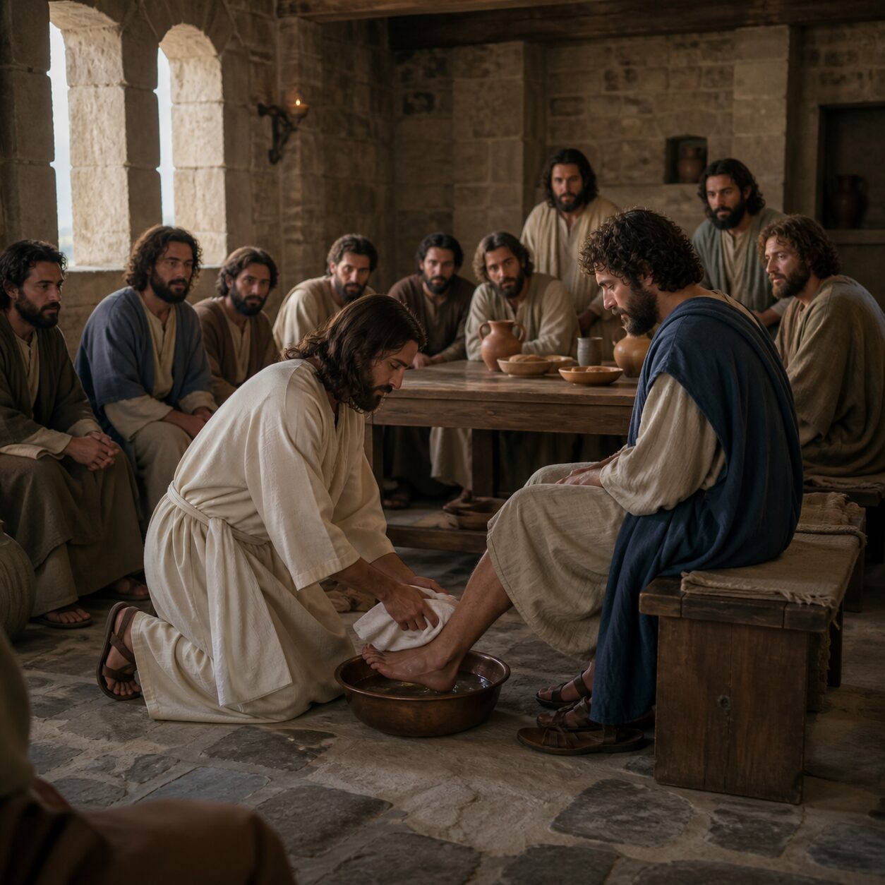Jesus lava os pés dos discípulos no cenáculo Cena bíblica em um cenáculo simples, com luz suave entrando por janelas altas de pedra. Jesus está ajoelhado diante de um discípulo, segurando uma bacia de água e enxugando seus pés com uma toalha branca presa à cintura, com expressão serena e humilde. Ao redor, os outros discípulos observam em silêncio, alguns surpresos, outros emocionados, sentados em bancos baixos próximos a uma mesa de madeira com pães e jarros. As vestes são tunicas longas em tons terrosos, azuis e bege, com sandálias gastas. O ambiente transmite reverência, serviço e contraste entre autoridade espiritual e humildade, com paredes antigas, chão de pedra e uma atmosfera intimista e solene.