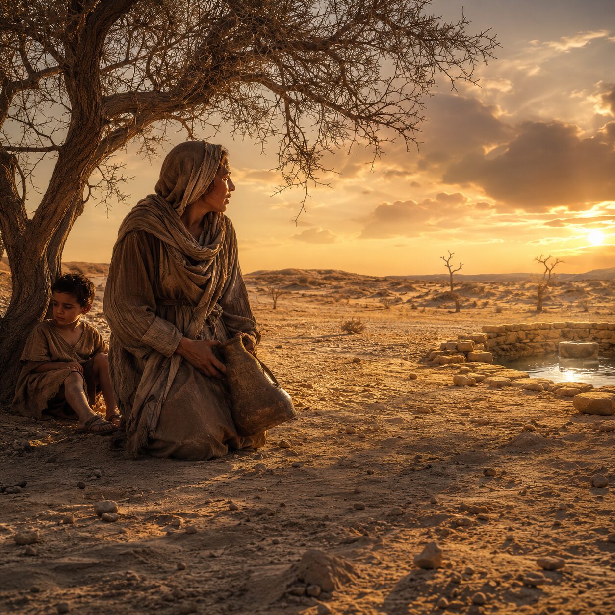 Hagar no deserto de Berseba Uma cena no deserto de Berseba ao entardecer, com areia clara, árvores secas e um céu dourado. Hagar aparece vestindo roupas simples e gastas do antigo Oriente Médio, ajoelhada perto do chão, com o rosto marcado por lágrimas e cansaço. Ao lado, o menino está sentado à sombra de uma pequena árvore, fraco porém vivo, enquanto ela segura um odre vazio. Mais adiante, parcialmente iluminado pela luz do sol, há um poço de água recém-descoberto, com Hagar olhando em sua direção com expressão de surpresa e alívio. A paisagem transmite abandono humano, mas também presença divina e provisão silenciosa.