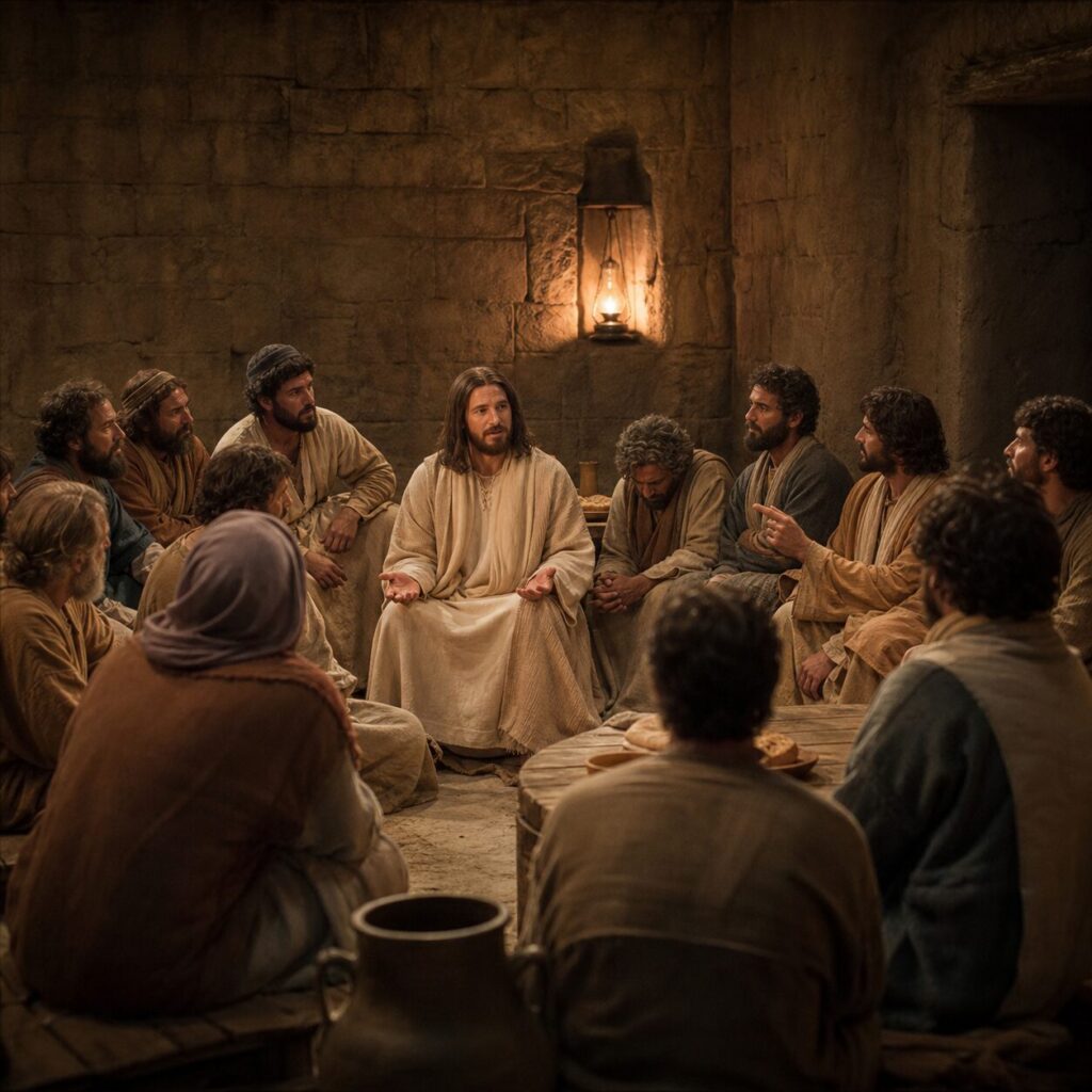 Jesus com os discípulos na última ceia Cena bíblica em um aposento simples de pedra, iluminado por uma lâmpada a óleo, com Jesus sentado entre os discípulos durante a última noite antes da cruz. Os discípulos estão reunidos em semicírculo, usando túnicas em tons terrosos, algumas mais claras e outras escuras, com expressões de surpresa, vergonha e reflexão, enquanto um deles aponta discretamente e outro abaixa a cabeça. Jesus está no centro, com vestes simples, olhar sereno e firme, mãos abertas em gesto de ensino e humildade. Ao fundo há uma mesa baixa com pães, uma jarra de água e bancos rústicos, transmitindo a atmosfera de tensão e reverência. A composição destaca contraste entre a disputa humana e a autoridade compassiva de Cristo, com luz suave incidindo sobre Seu rosto.