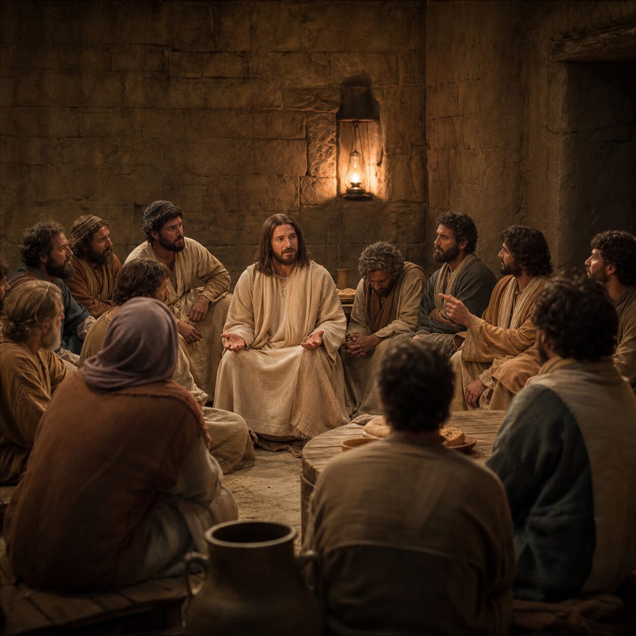 Jesus com os discípulos na última ceia Cena bíblica em um aposento simples de pedra, iluminado por uma lâmpada a óleo, com Jesus sentado entre os discípulos durante a última noite antes da cruz. Os discípulos estão reunidos em semicírculo, usando túnicas em tons terrosos, algumas mais claras e outras escuras, com expressões de surpresa, vergonha e reflexão, enquanto um deles aponta discretamente e outro abaixa a cabeça. Jesus está no centro, com vestes simples, olhar sereno e firme, mãos abertas em gesto de ensino e humildade. Ao fundo há uma mesa baixa com pães, uma jarra de água e bancos rústicos, transmitindo a atmosfera de tensão e reverência. A composição destaca contraste entre a disputa humana e a autoridade compassiva de Cristo, com luz suave incidindo sobre Seu rosto.
