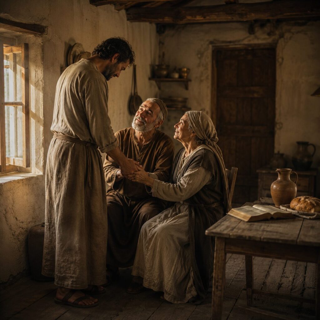 Reunião familiar em casa simples Uma família reunida em uma casa simples e acolhedora, com luz suave entrando pela janela de madeira. Um filho adulto está de pé diante dos pais idosos, inclinando levemente a cabeça em respeito e segurando as mãos deles com carinho. O pai veste roupa modesta em tons terrosos e a mãe usa vestido simples e lenço na cabeça, ambos com expressão serena e emocionada. Ao fundo há uma mesa de madeira com uma Bíblia aberta, pão e jarra de barro, simbolizando fé e memória espiritual. A cena transmite reverência, gratidão e paz, com arquitetura rural antiga e clima de esperança.