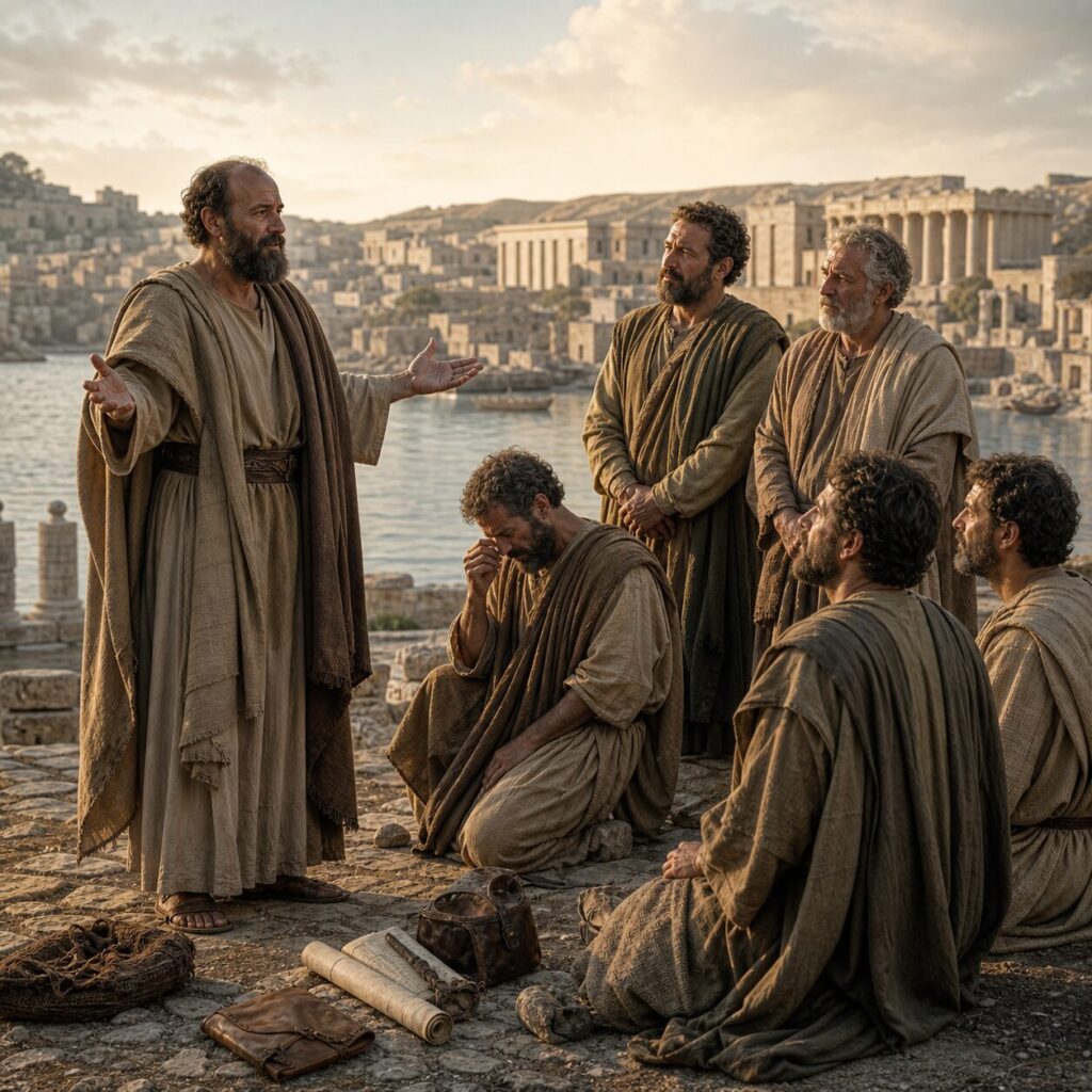 Cena bíblica em um ambiente simples à beira-mar, com o apóstolo Paulo em pé diante dos presbíteros de Éfeso, todos com túnicas longas em tons terrosos e mantos leves. Paulo aparece com expressão séria e compassiva, mãos estendidas em tom de despedida, enquanto alguns líderes o ouvem com atenção e emoção, com semblantes comovidos e olhos marejados. Ao fundo, vê-se a cidade portuária de Mileto com construções antigas de pedra, colunas e um céu dourado de fim de tarde. A composição transmite honra, responsabilidade e cuidado pastoral, com rolos de pergaminho e uma atmosfera de reverência e tristeza serena.